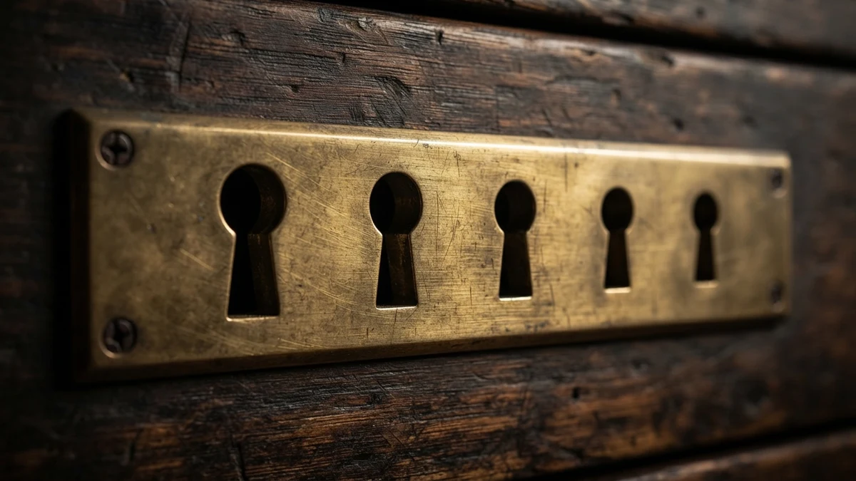 Five keyholes narrowing along a brass plate, illustrating how name and handle fields restrict stylish text Five keyholes narrowing along a brass plate, illustrating how name and handle fields restrict stylish text