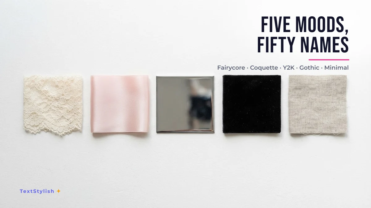 Five material swatches for five name font style moods: fairycore, coquette, Y2K, gothic and minimal