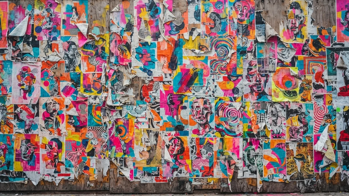 A wall of overlapping flyers with no focal point, illustrating an over-styled bio that is hard to read