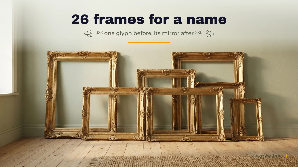 Empty gold frames illustrating the 26 bracket frames for wrapping a stylish name