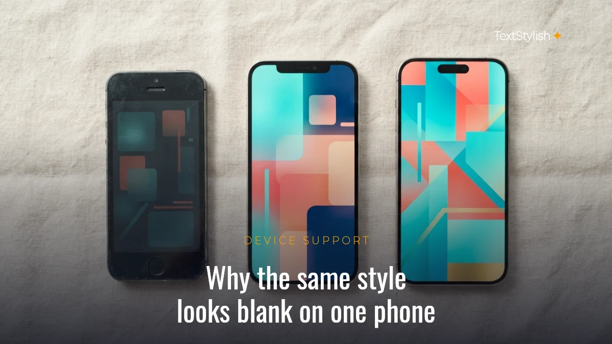 Three phones showing the same stylish text style, one rendering blank